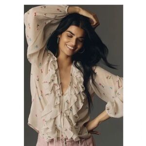 Anthropologie Post Floral Ruffle Blouse Ivory Multicolor Flowers Semi Sheer M